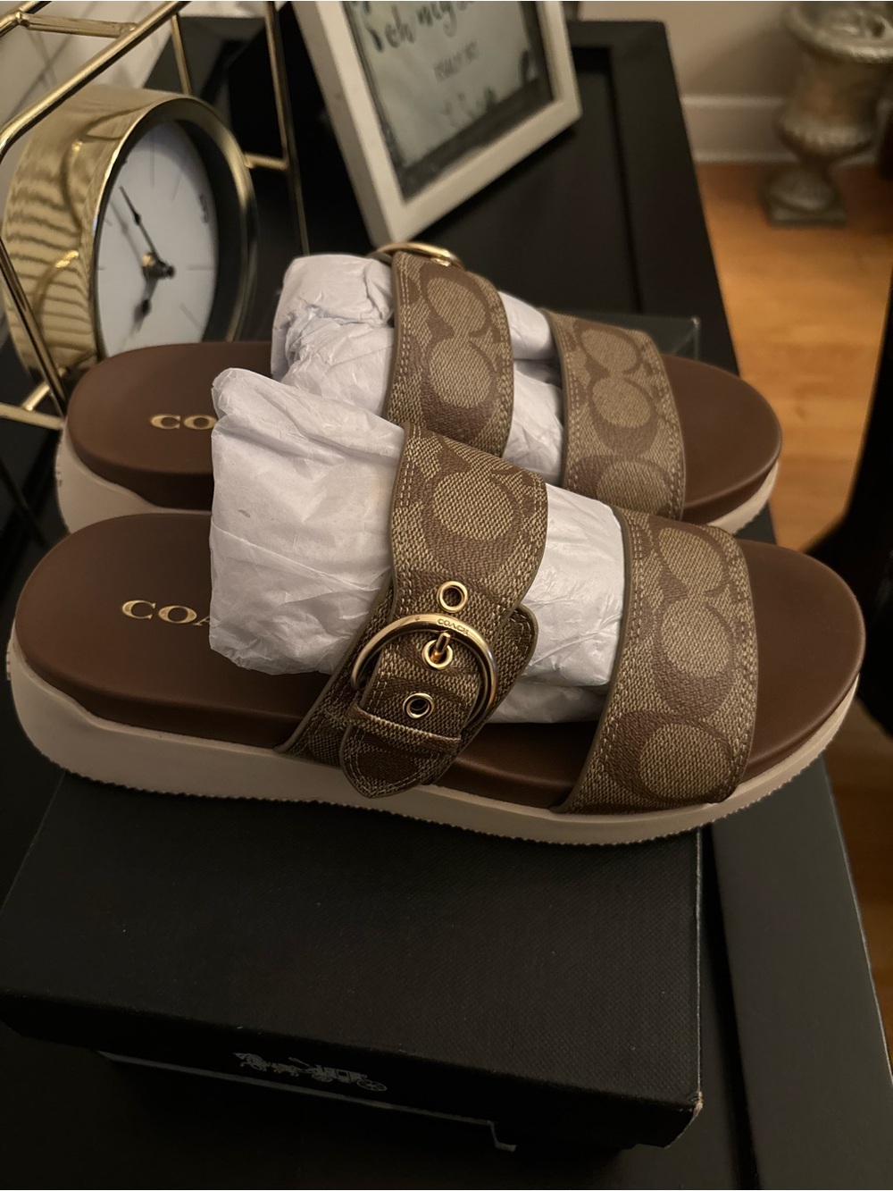 Coach Brown and Beige Signature Double-Strap Slides - Picture 4 of 6